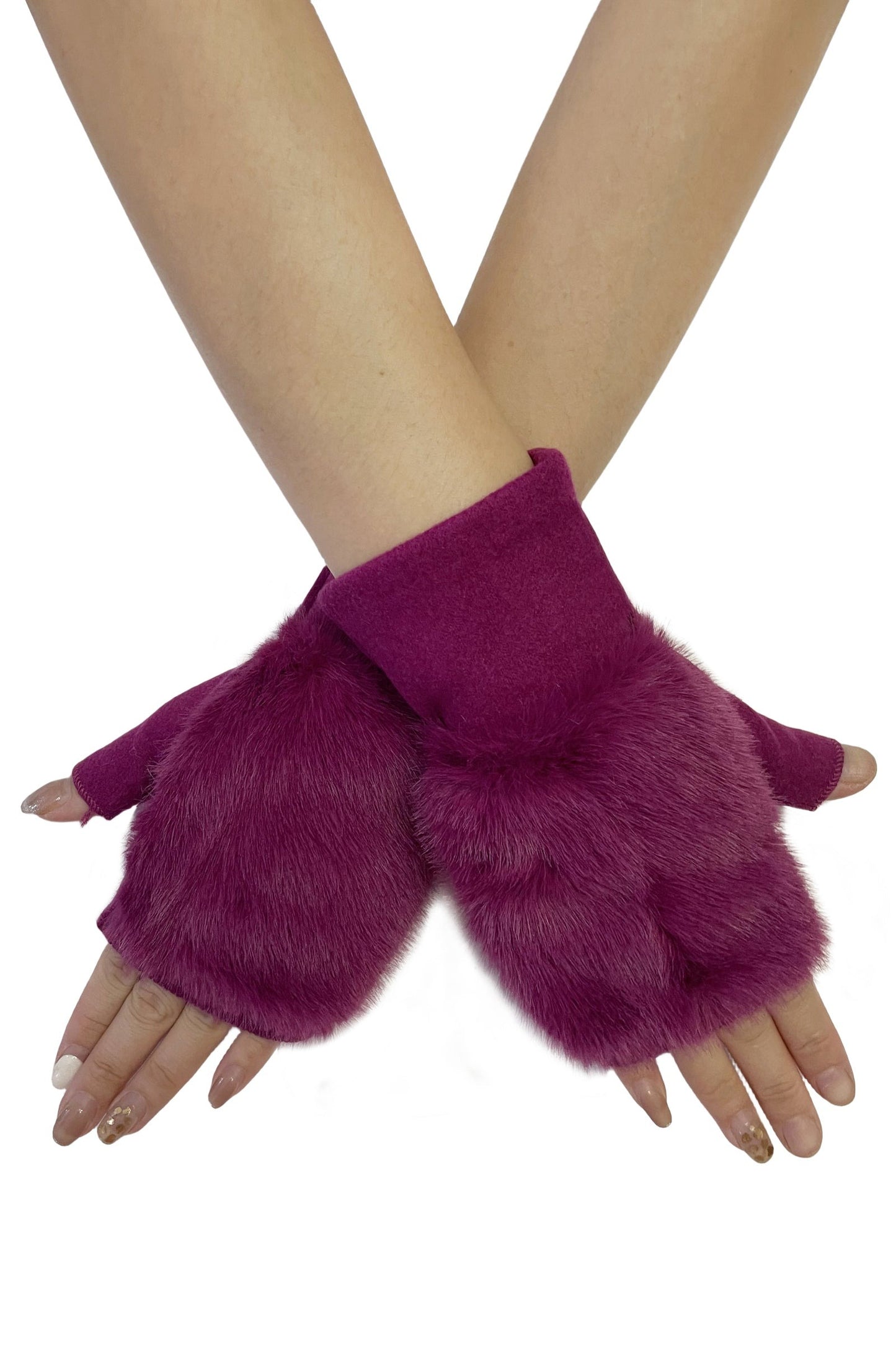 Faux Fur Fingerless Wrist Warmers - Magenta