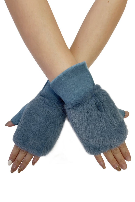 Faux Fur Fingerless Wrist Warmers - Powder Blue