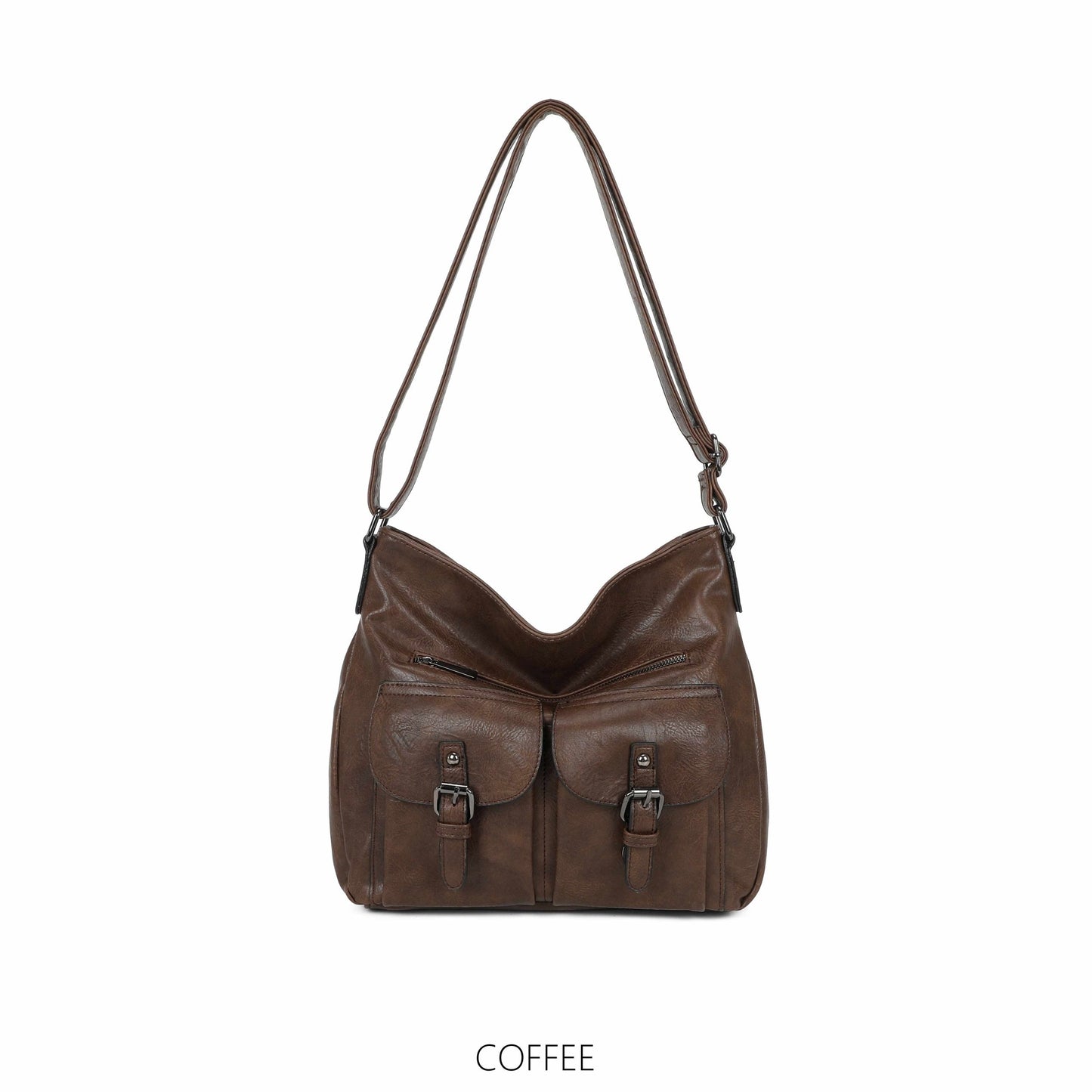 Front Two Pockets Crossbody Faux Leather- Coffee