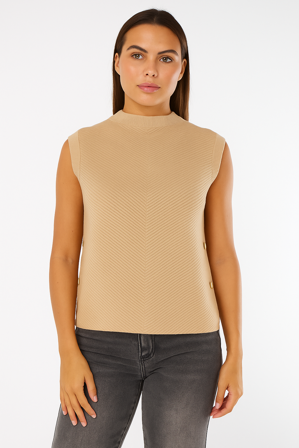 Herringbone Ribbed Side Button Gilet- Beige