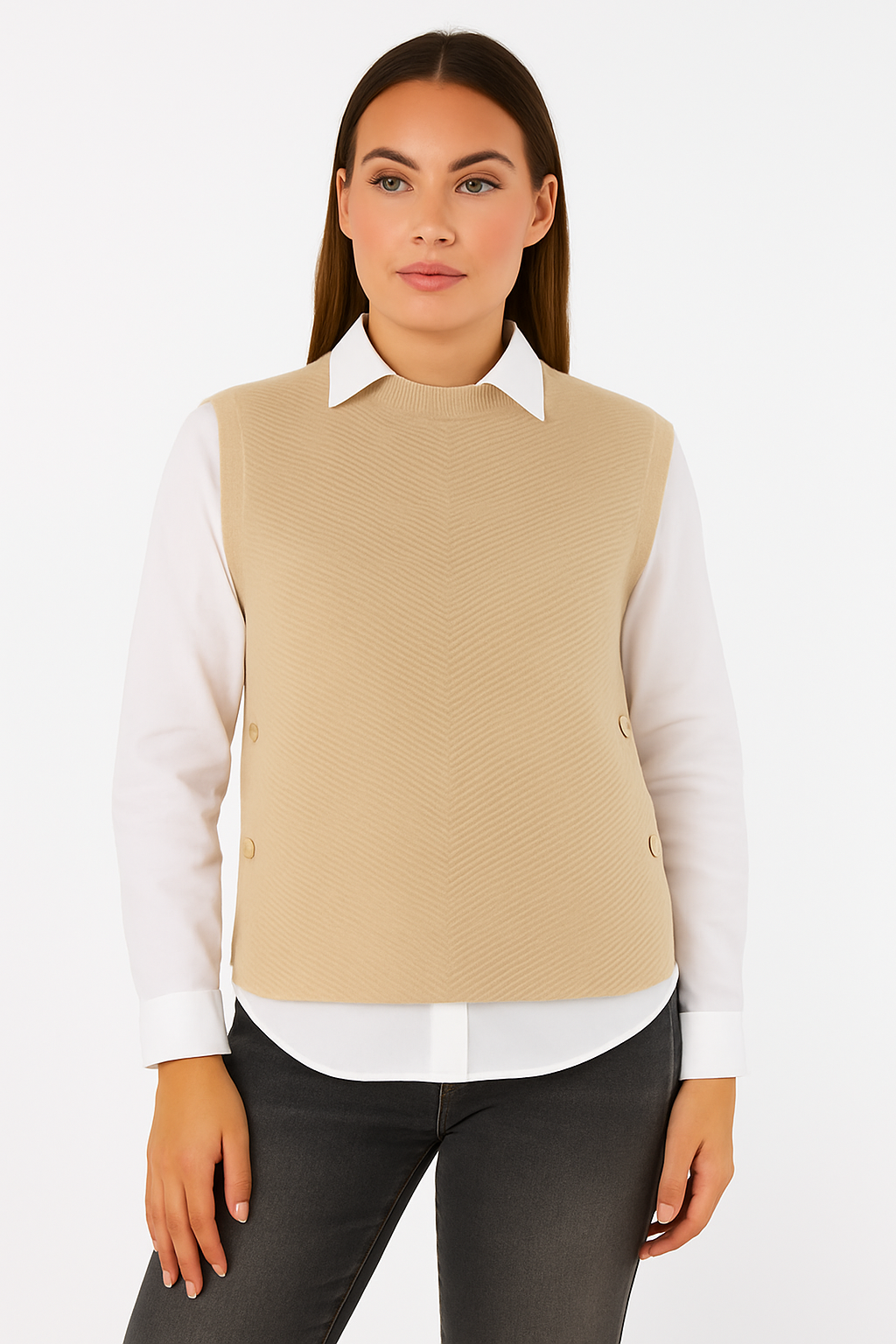 Herringbone Ribbed Side Button Gilet- Beige