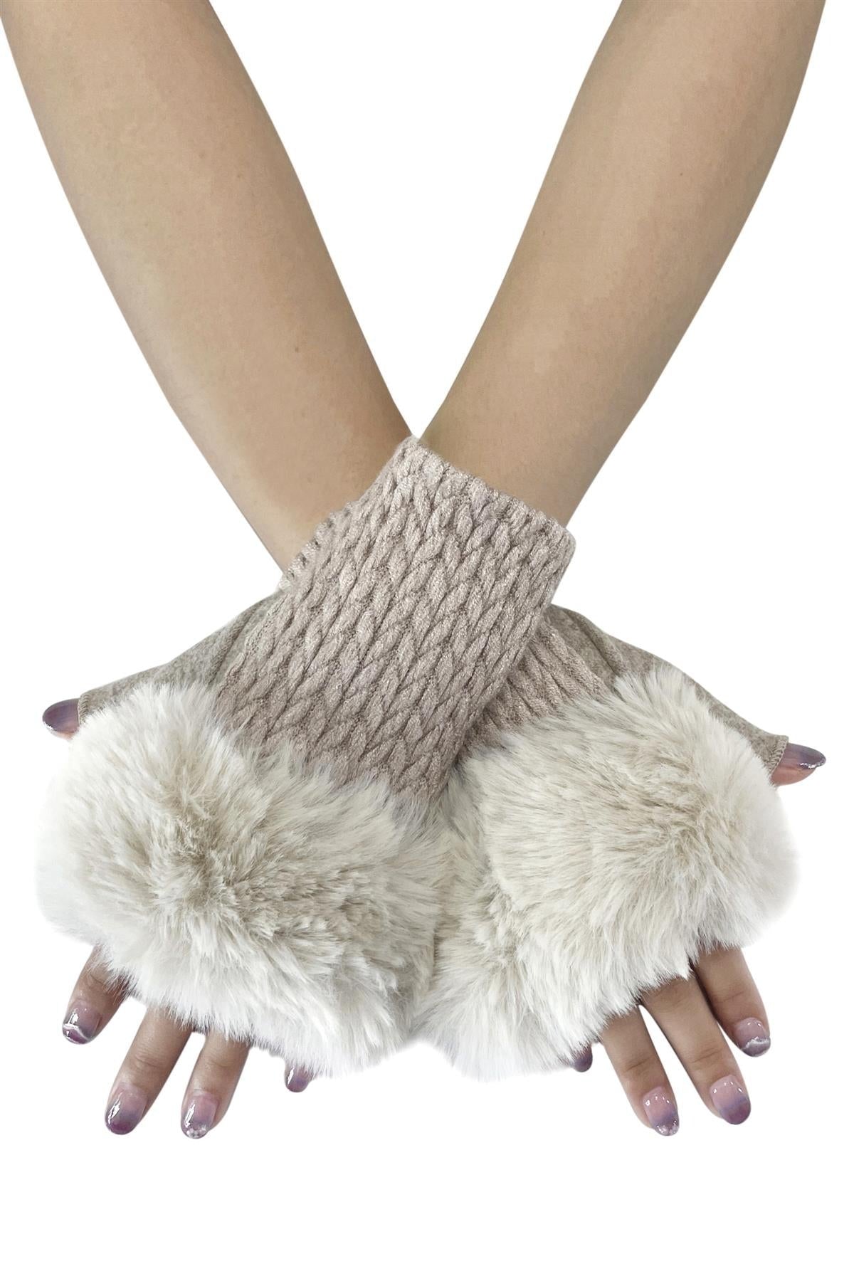 Plait Knit Faux Fur Fingerless Gloves - Beige