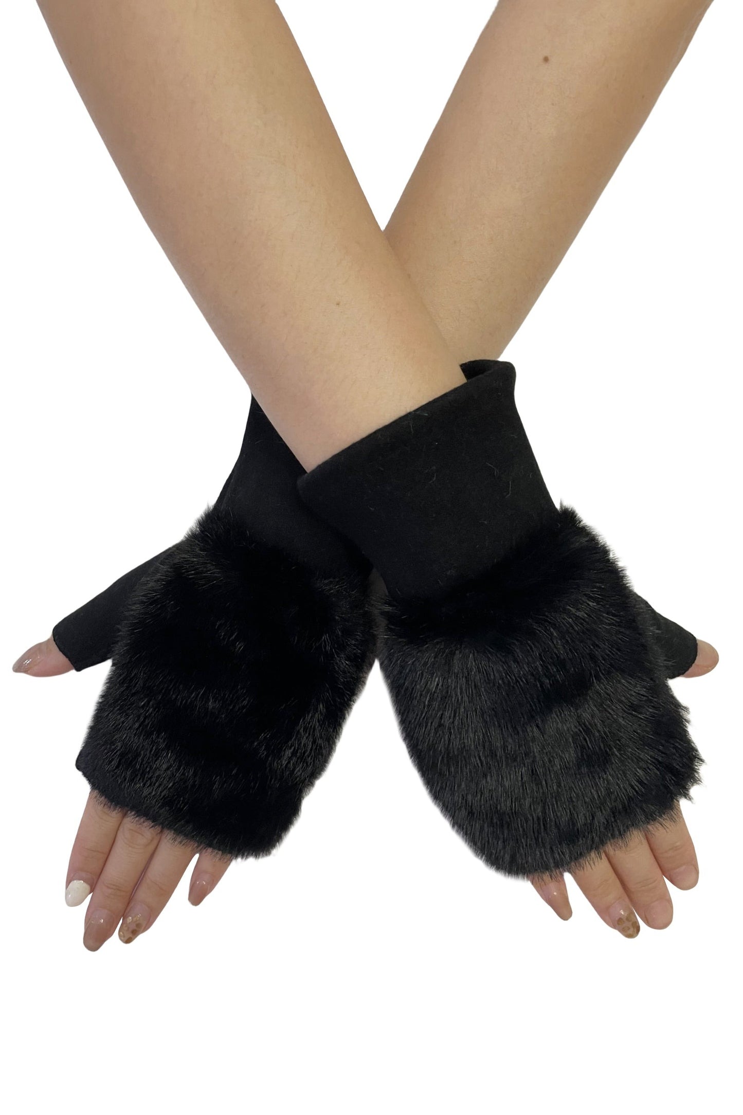 Faux Fur Fingerless Wrist Warmers - Black