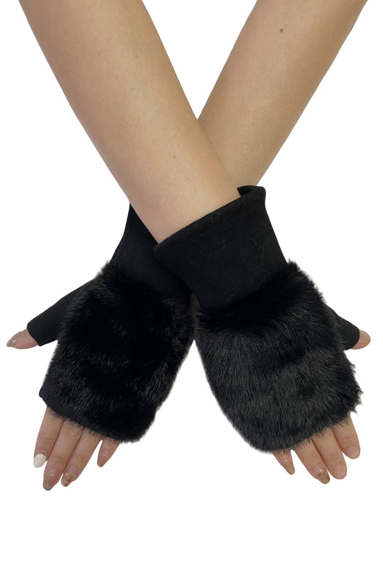 Faux Fur Fingerless Wrist Warmers - Black