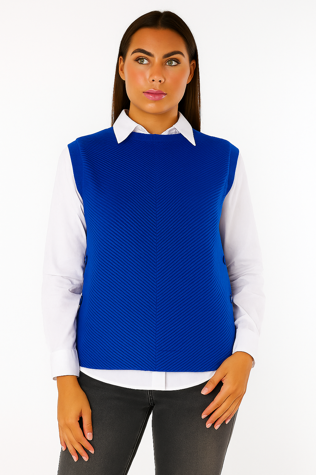 Herringbone Ribbed Side Button Gilet- Royal Blue