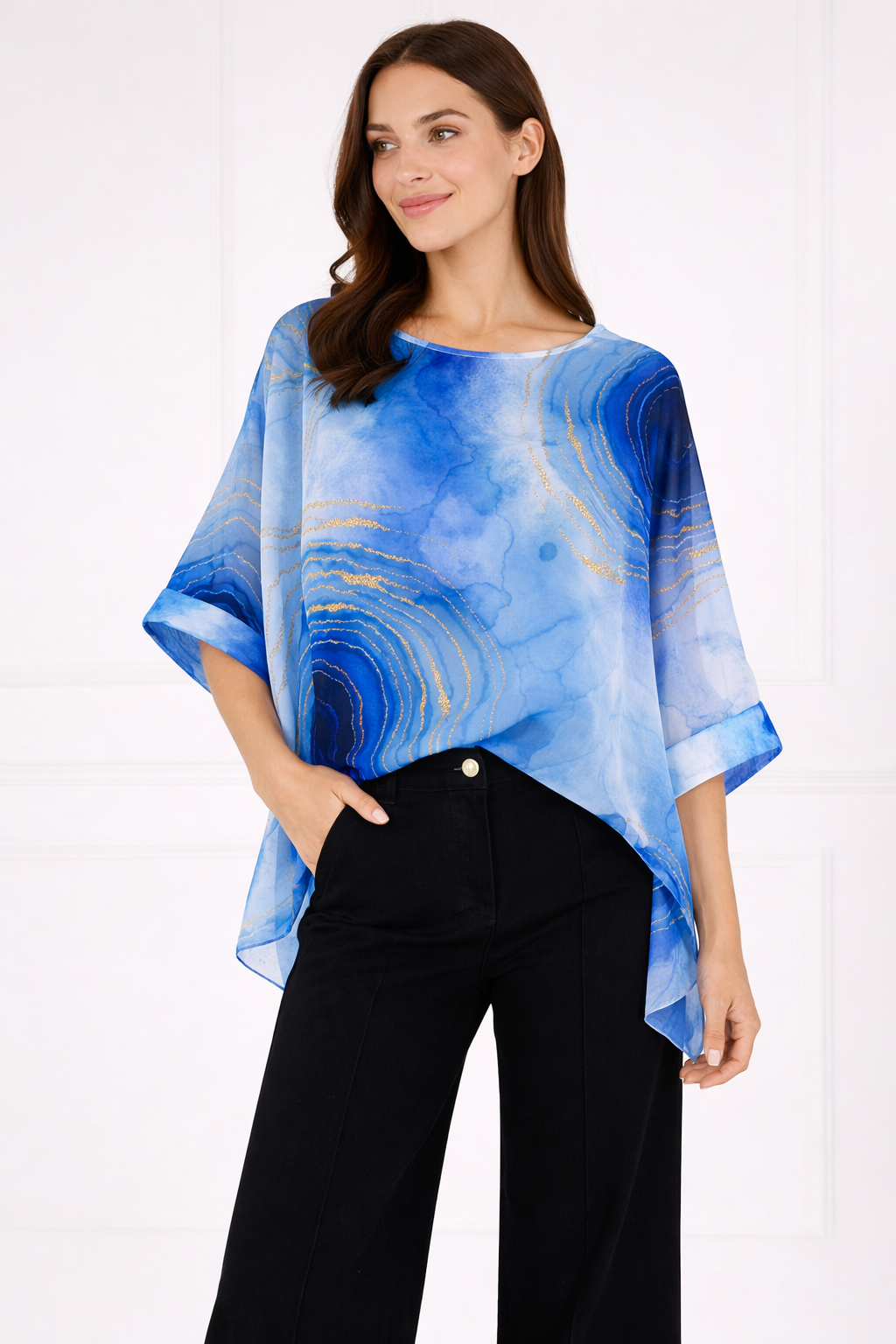 Silky Watercolour Overlay Top - Blue
