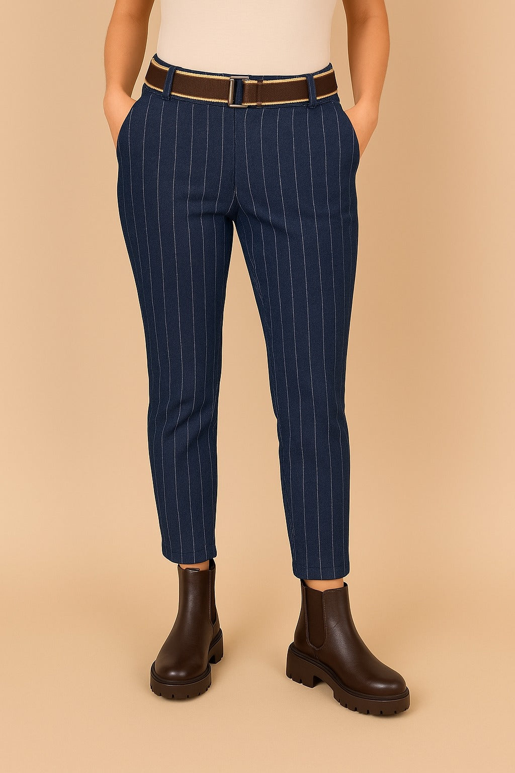 Stripe Belted Elasticated Waist Magic Trousers- Blue