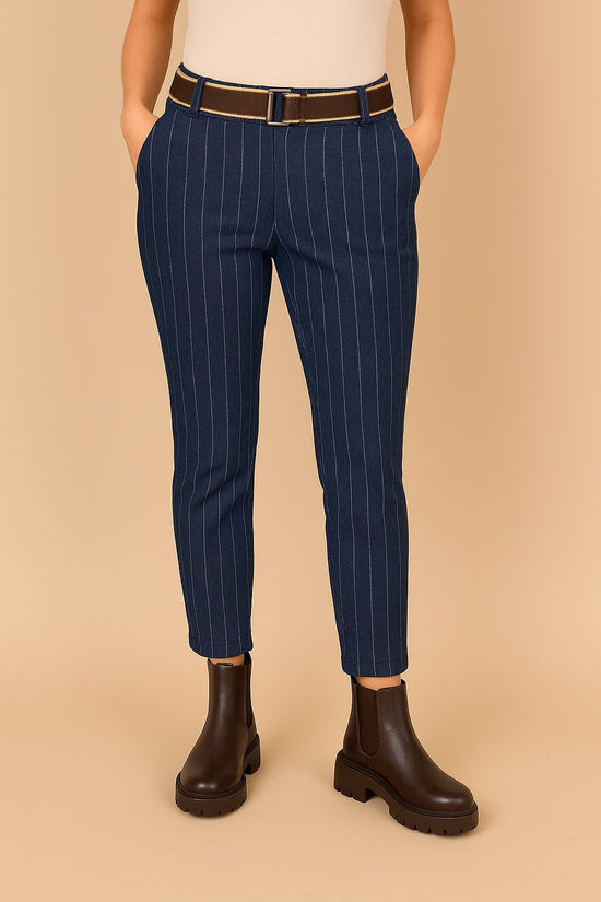 Stripe Belted Elasticated Waist Magic Trousers- Blue