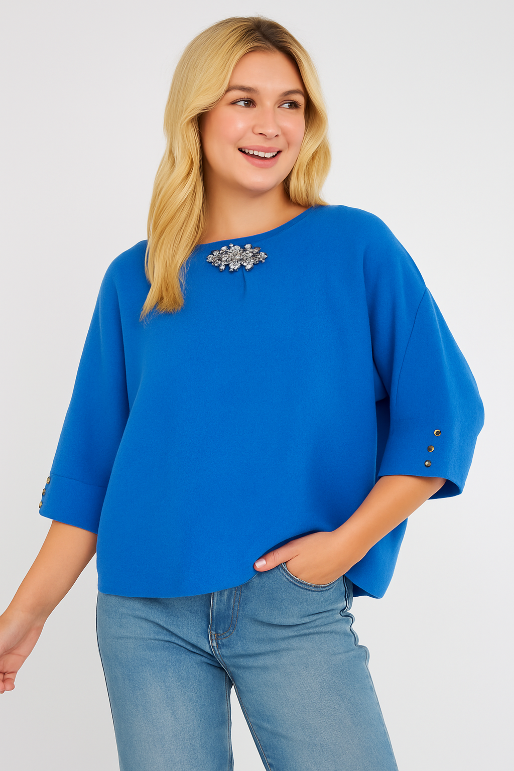 Crystal Neck Folded Sleeve Jumper- Blue