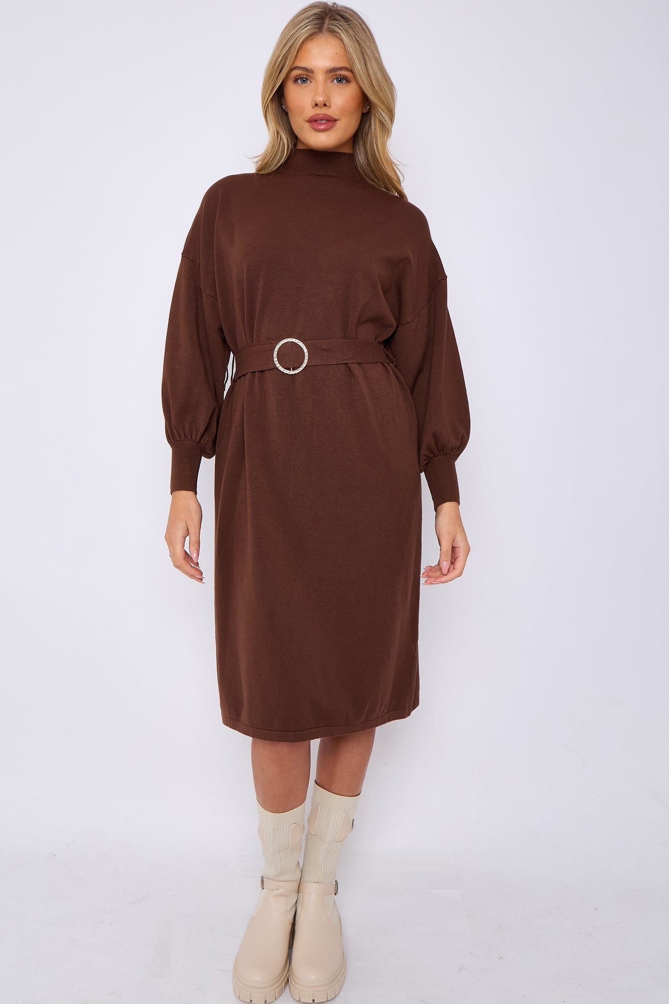 Diamante Buckled Puff Sleeves Knitted Dress