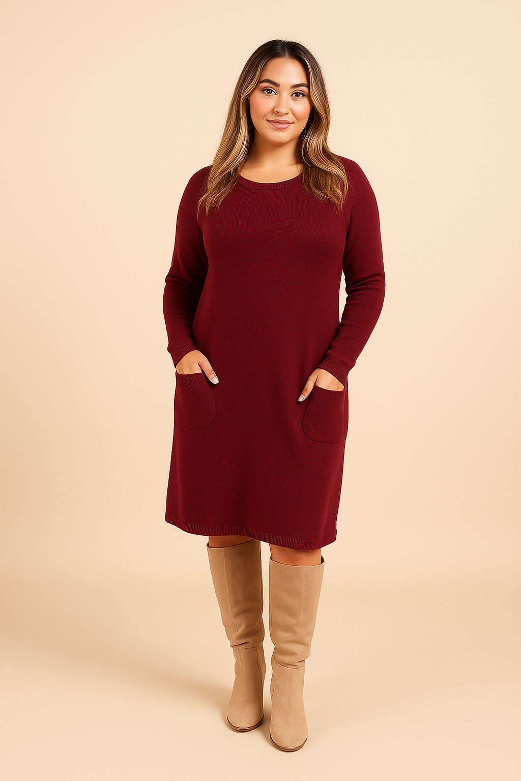 Scoop Neck Two Pocket Knitted Dress- Burgundy