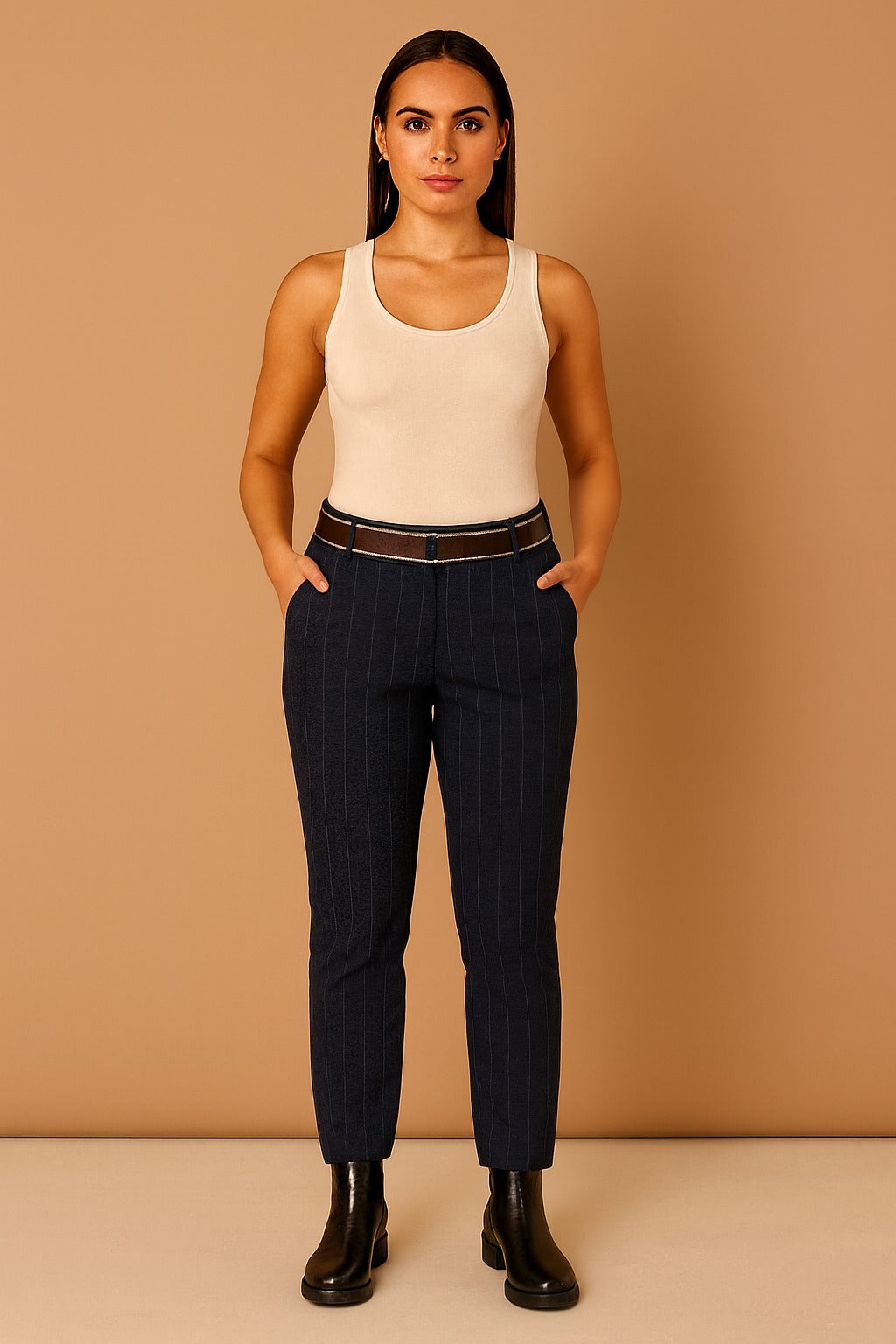 Pinstripe Stretchy Trousers with Belt - Black