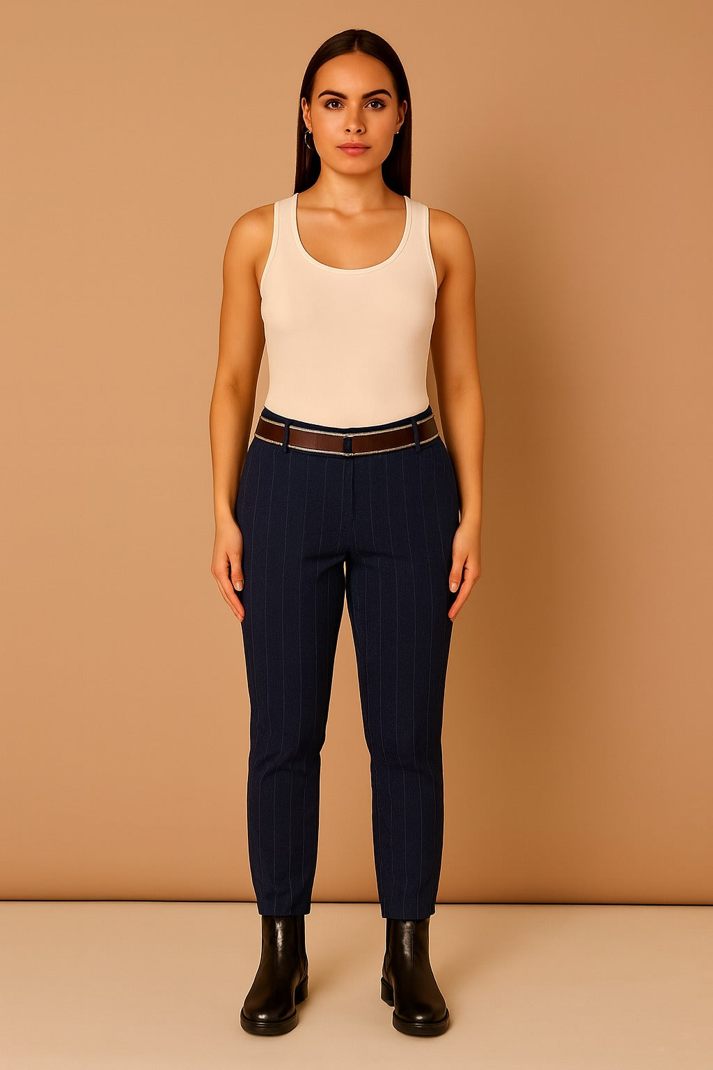 Pinstripe Stretchy Trousers with Belt - Navy