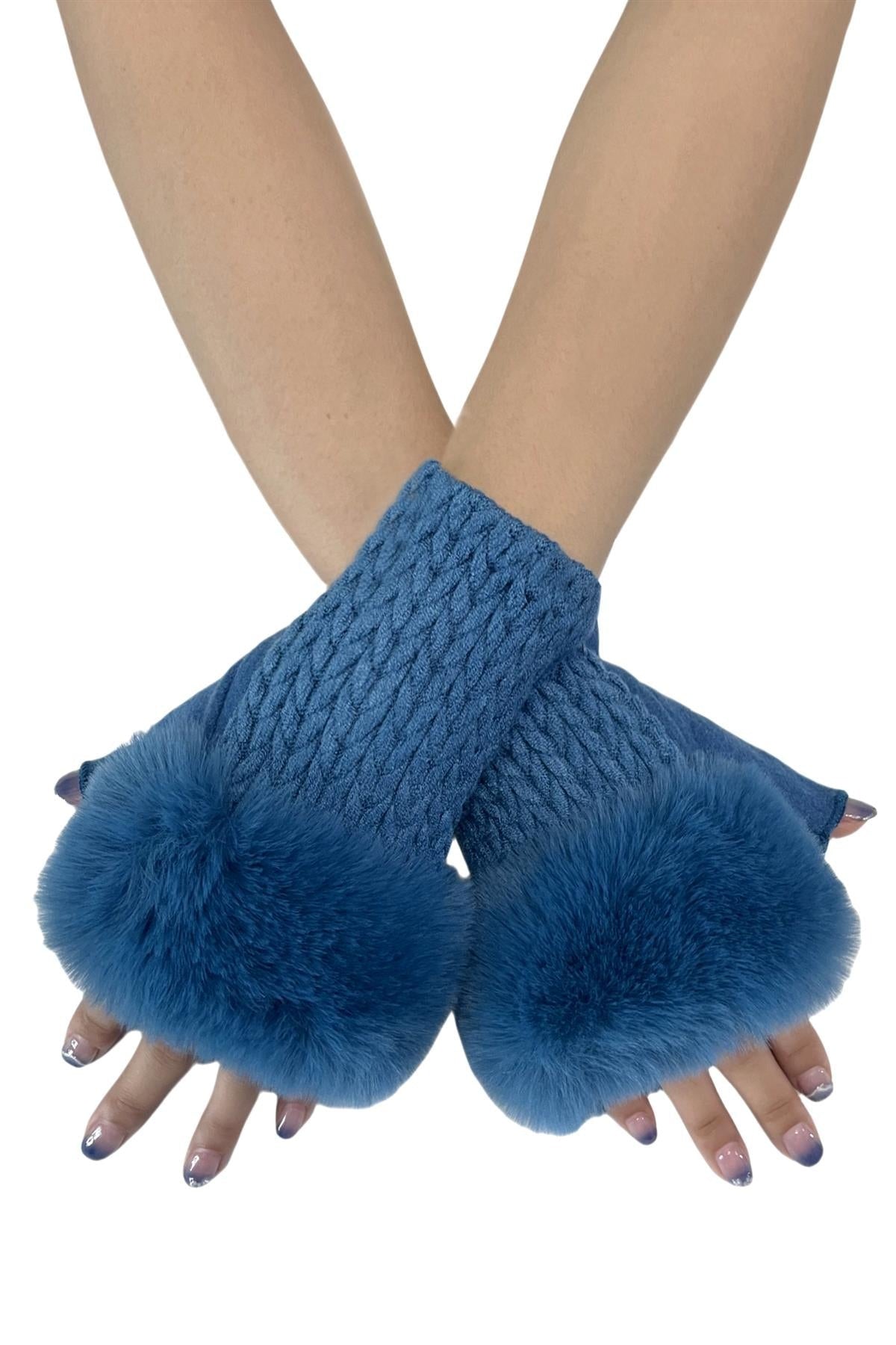 Plait Knit Faux Fur Fingerless Gloves - Denim Blue