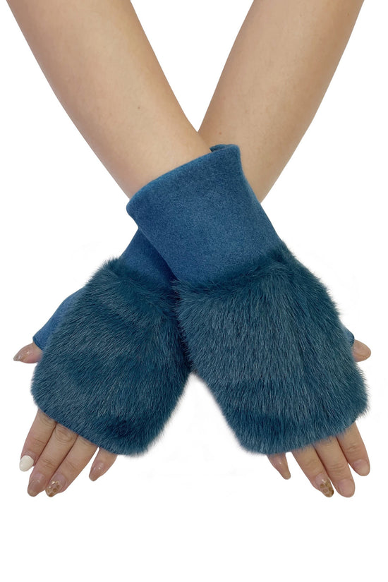 Faux Fur Fingerless Wrist Warmers - Denim Blue