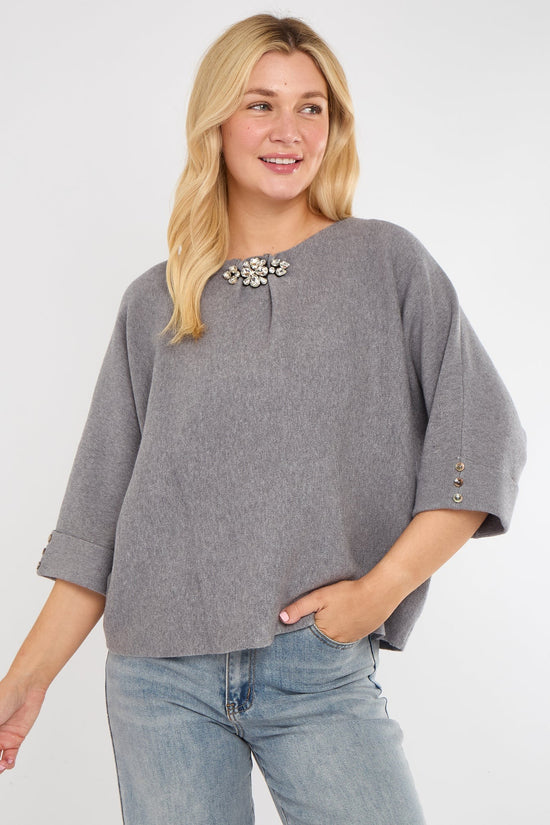 Crystal Neck Folded Sleeve Jumper- Grey