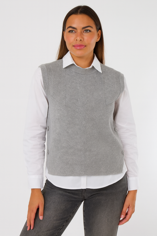 Herringbone Ribbed Side Button Gilet- Grey