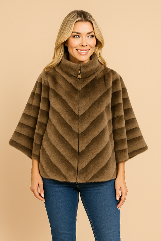 Chevron Faux Fur Sleeved Jacket - Coffee