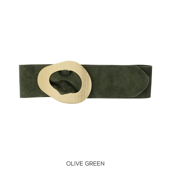 Suede Leather Belt with Gold Buckle- Khaki