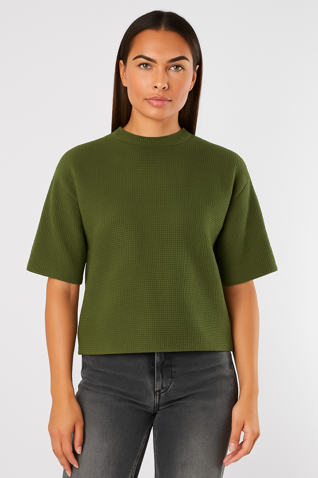 Waffle Knit Boxy Jumper - Khaki