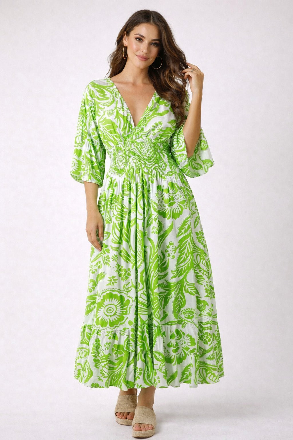 Lucinda Floral Shirred Waist Maxi Dress Lime