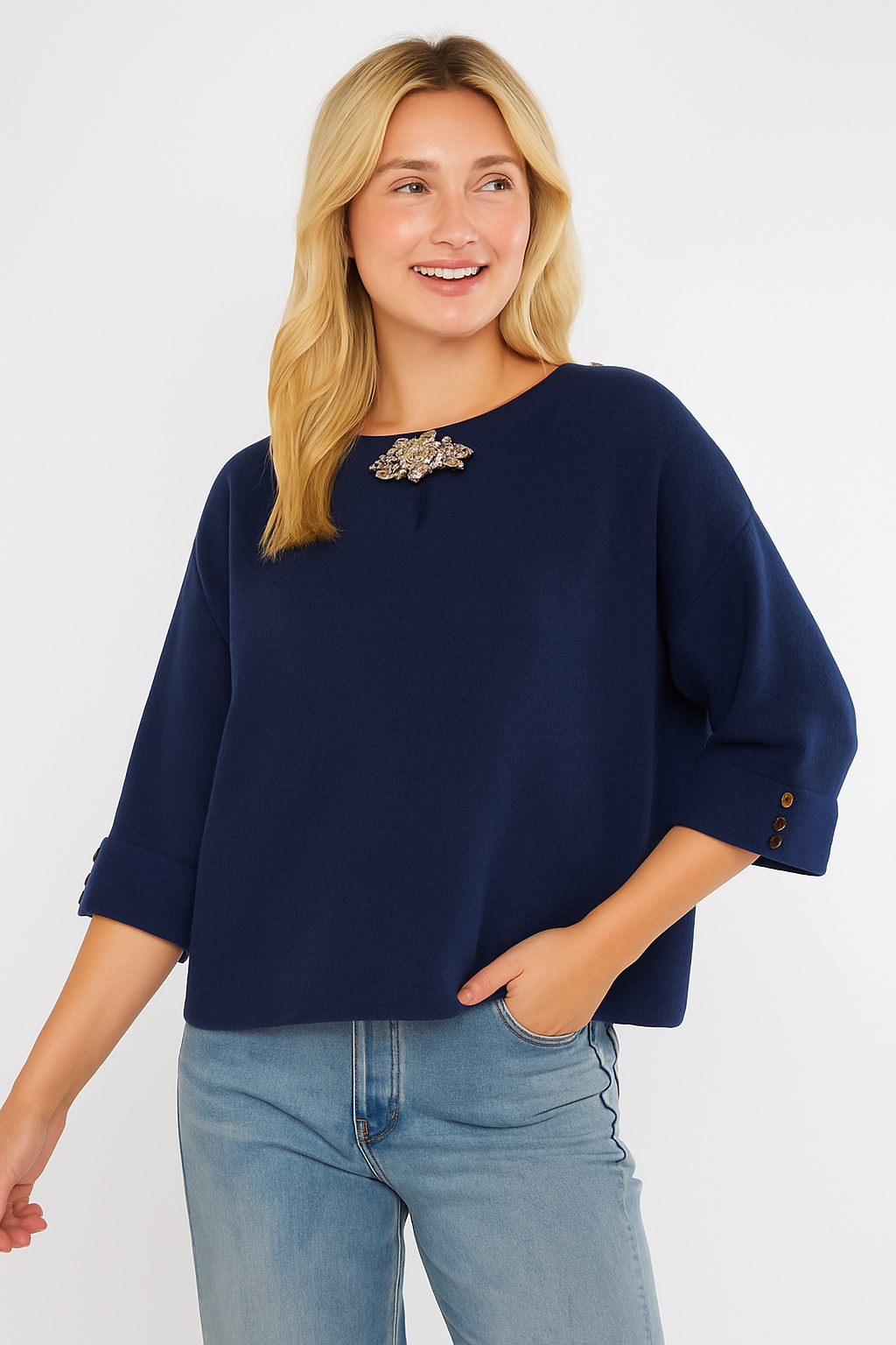 Crystal Neck Folded Sleeve Jumper- Navy
