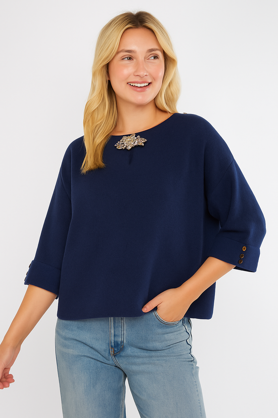 Crystal Neck Folded Sleeve Jumper- Navy