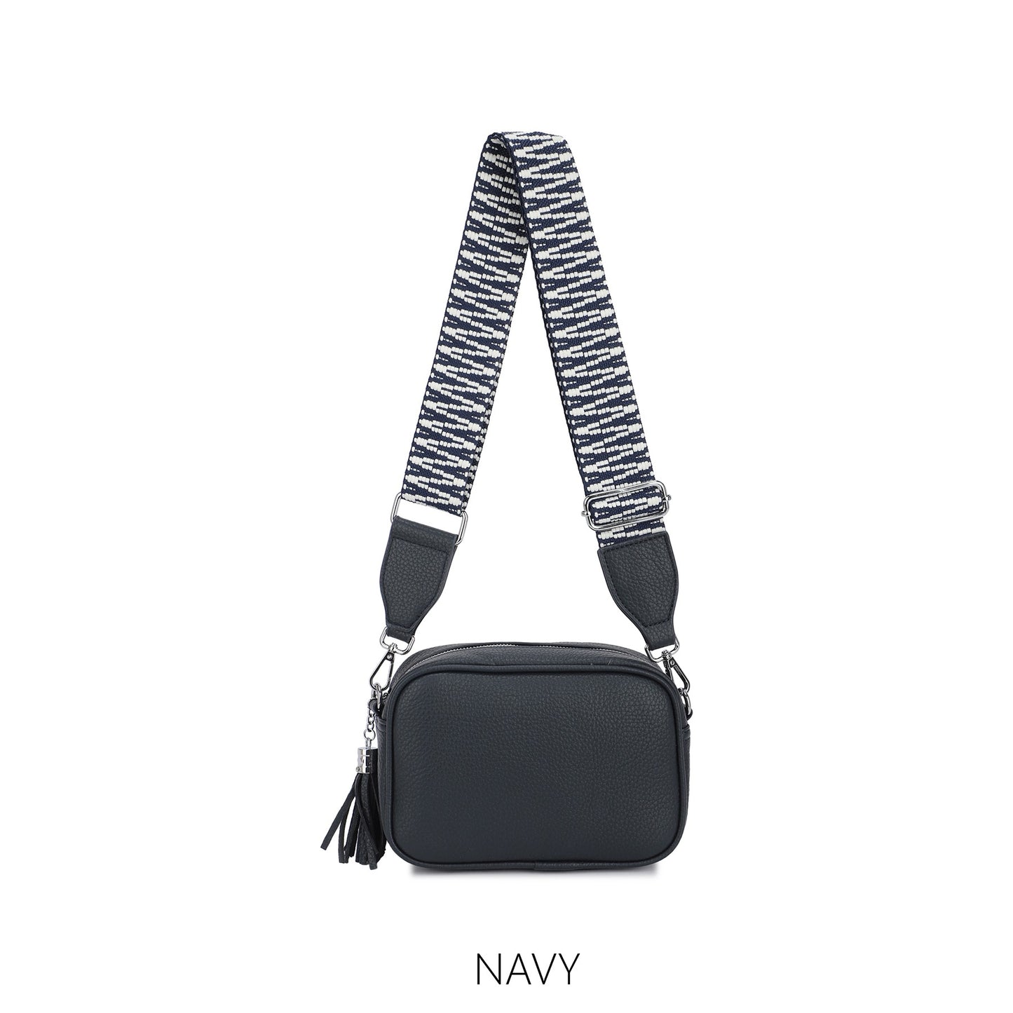Camera Tassel Crossbody with Colourful Strap Faux Leather- Navy
