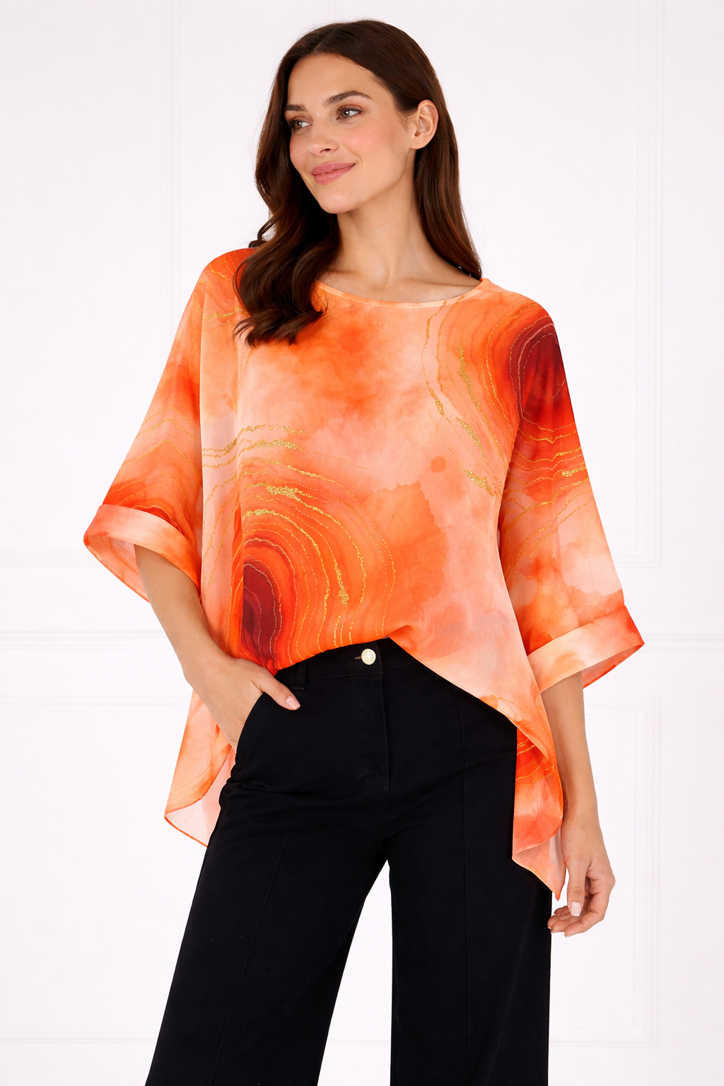 Silky Watercolour Overlay Top - Orange