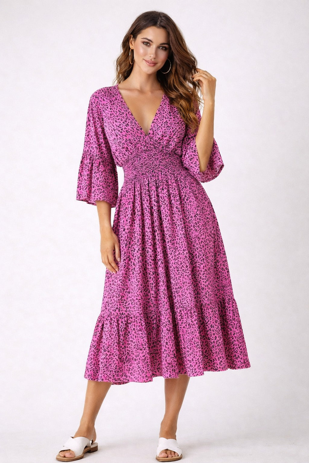 Leopard Print Shirred Bodice Midi Dress Hot Pink