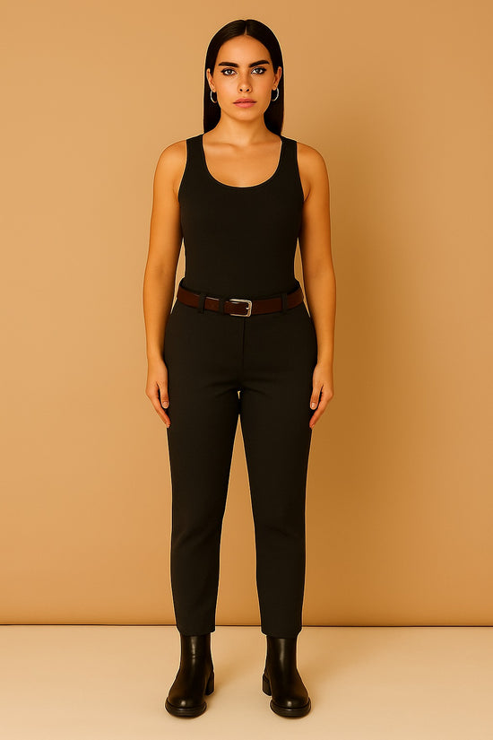 Plain Belted Elasticated Waist Magic Trousers - Black