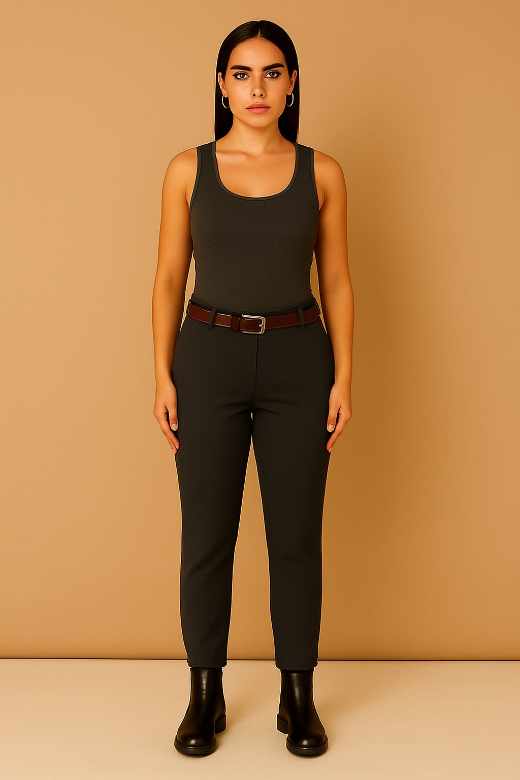 Plain Belted Elasticated Waist Magic Trousers - Charcoal Grey