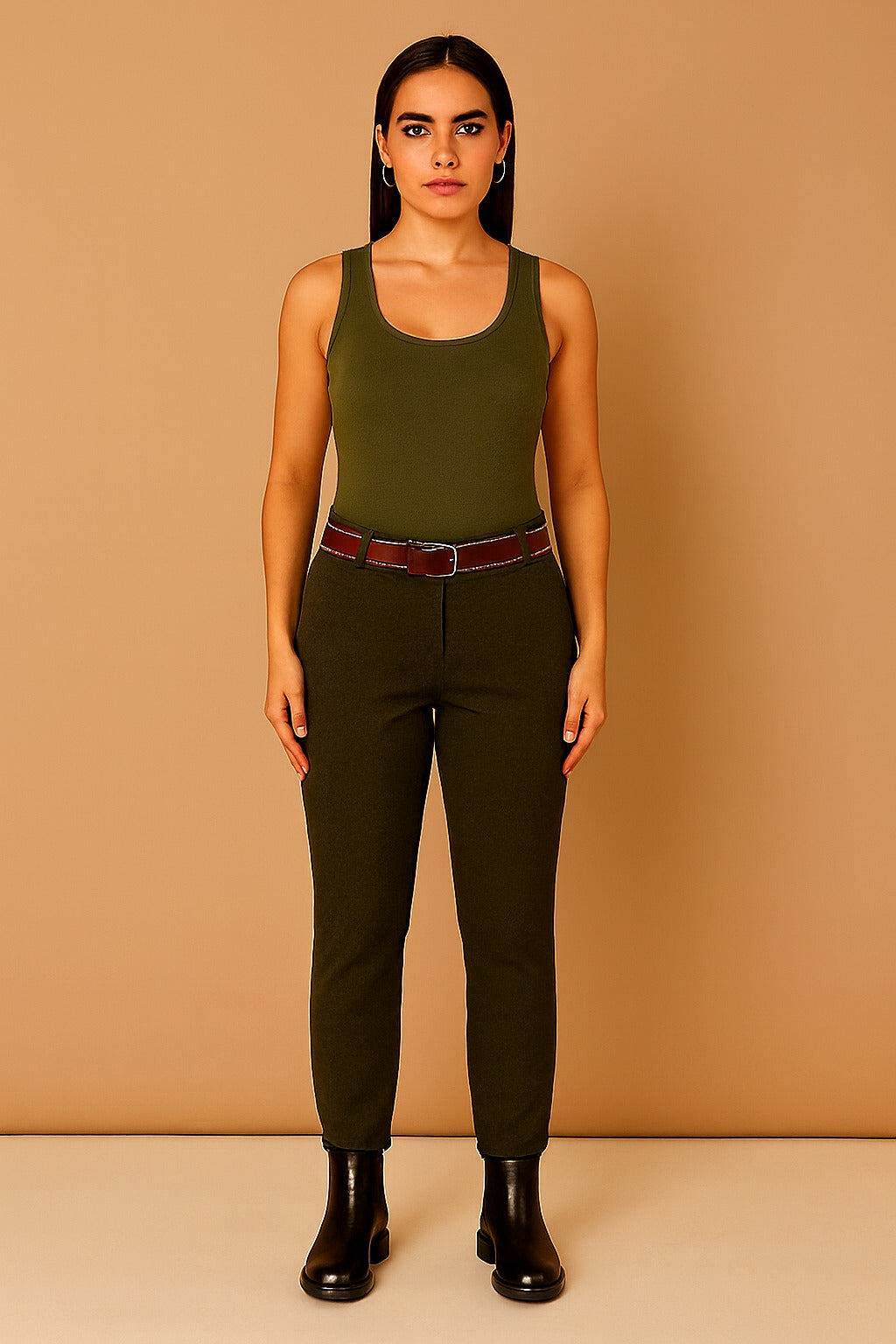 Plain Belted Elasticated Waist Magic Trousers - Khaki