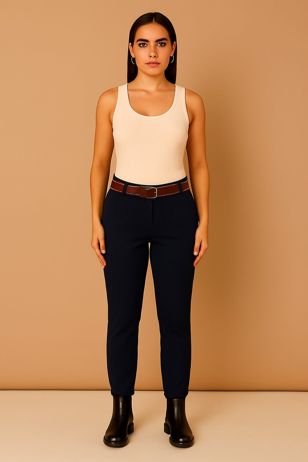 Plain Belted Elasticated Waist Magic Trousers - Navy