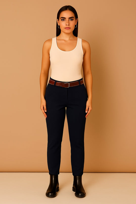 Plain Belted Elasticated Waist Magic Trousers - Navy