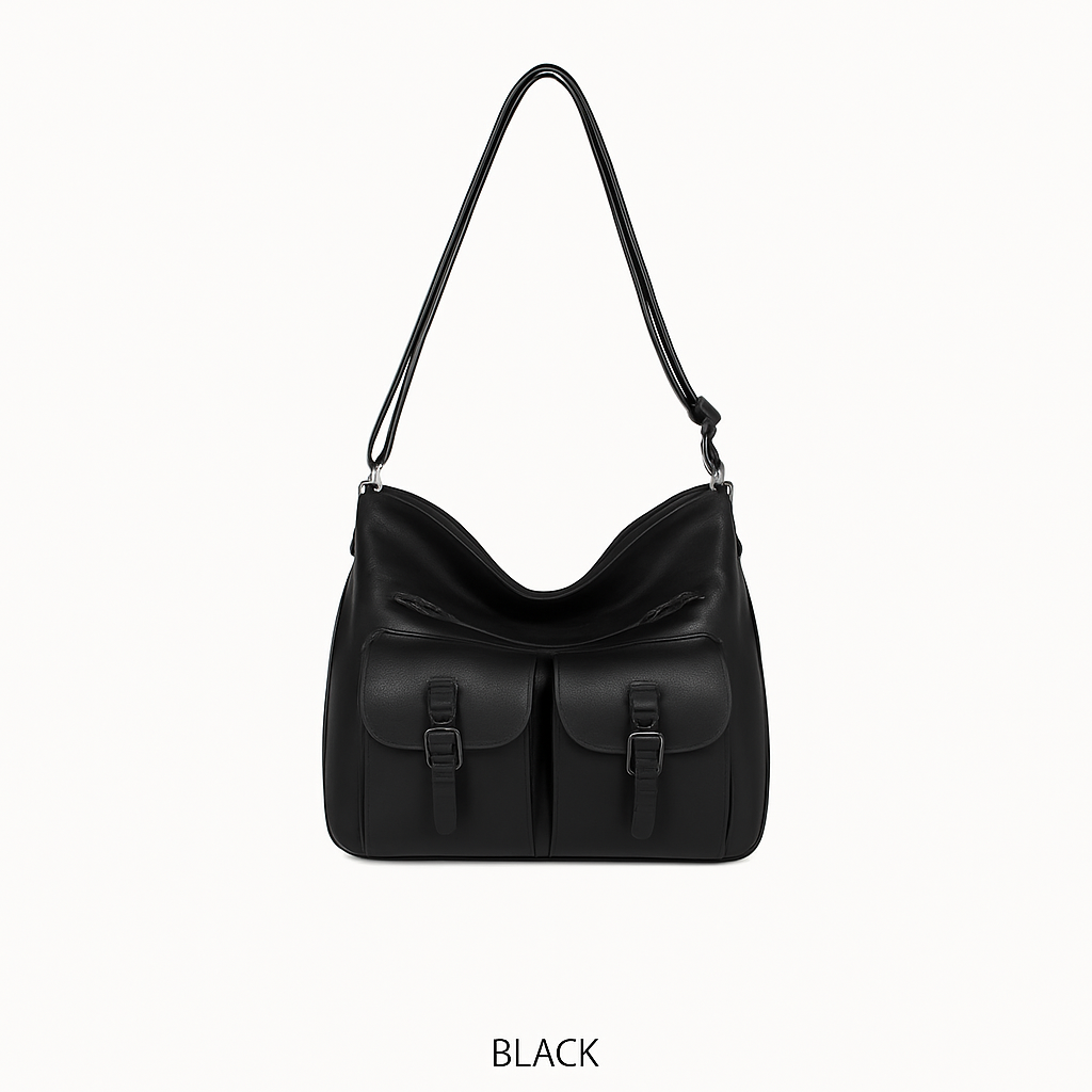 Front Two Pockets Crossbody Faux Leather- Black