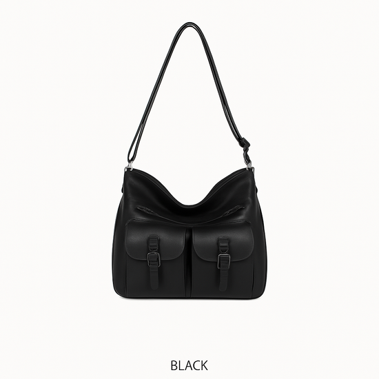 Front Two Pockets Crossbody Faux Leather- Black