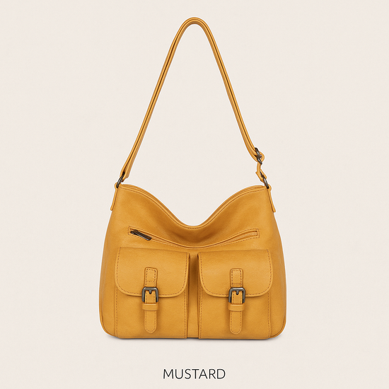 Front Two Pockets Crossbody Faux Leather- Mustard