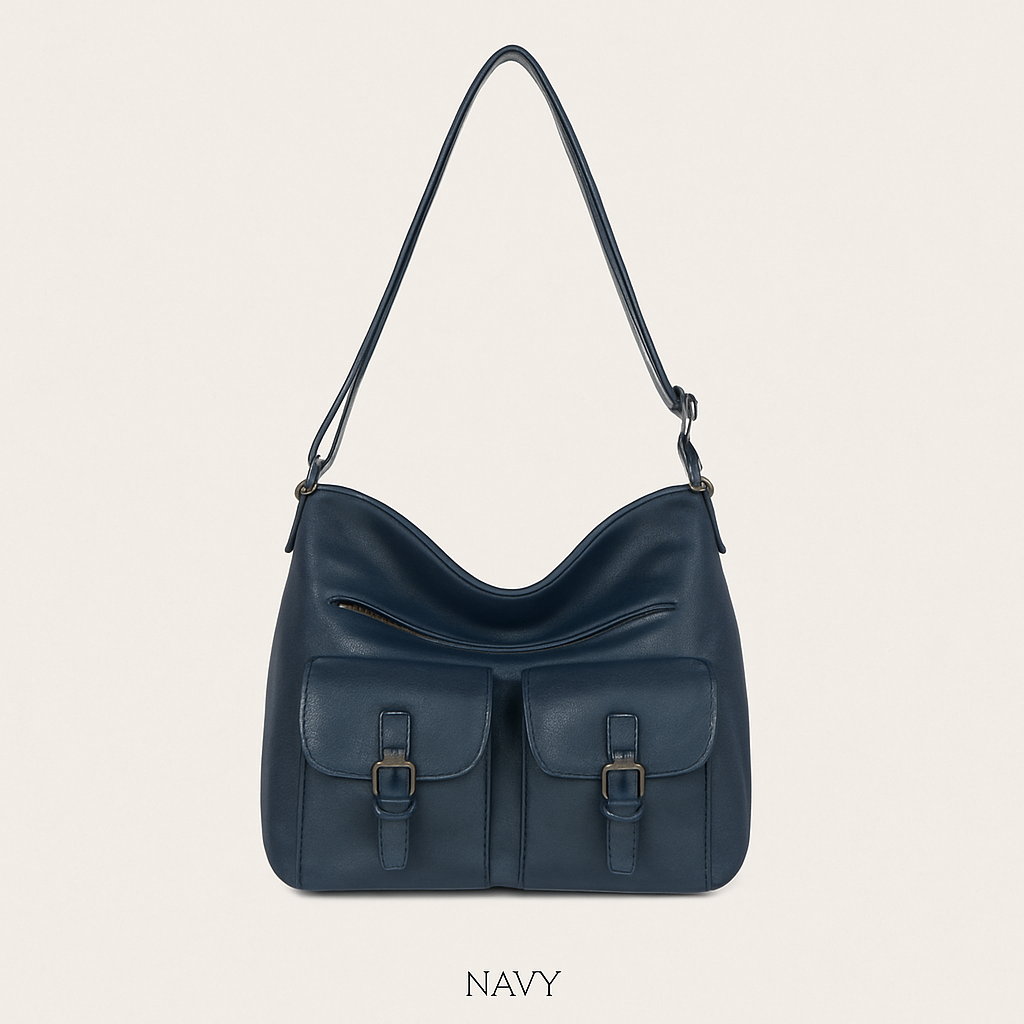 Front Two Pockets Crossbody Faux Leather- Navy