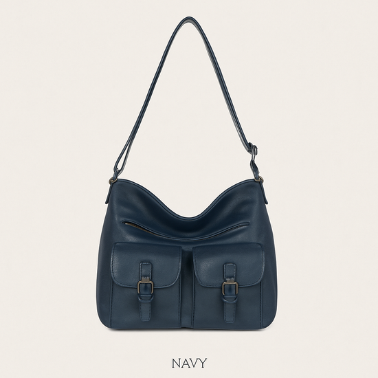 Front Two Pockets Crossbody Faux Leather- Navy