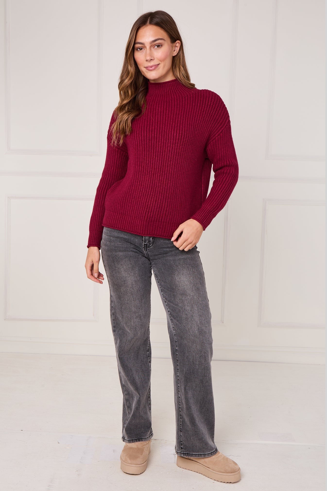 Ribbed Turtle Neck Jumper - Burgundy