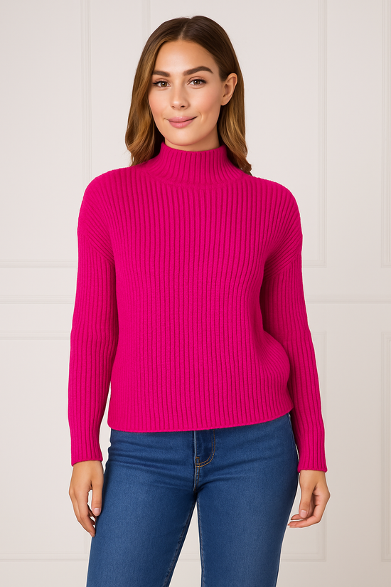 Ribbed Turtle Neck Jumper - Fuchsia