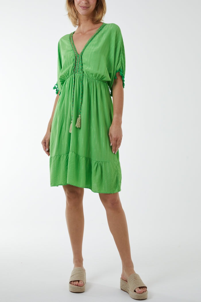 Load image into Gallery viewer, Josie Metallic Thread Detail Tassel Bobble Sleeve Dress Green
