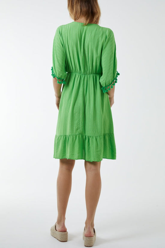 Load image into Gallery viewer, Josie Metallic Thread Detail Tassel Bobble Sleeve Dress Green

