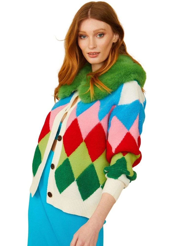 Diamond Design Banana Peel Women's Cardigan in Red and Green with Faux Fur Collar Jayley