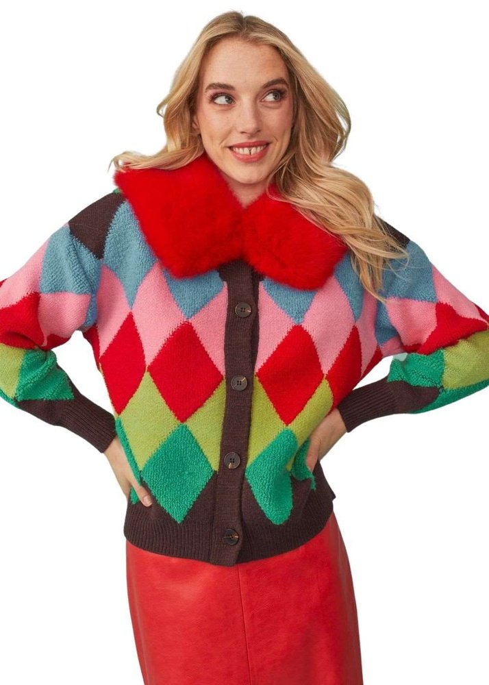 Diamond Design Banana Peel Women's Cardigan in Red and Green with Faux Fur Collar Jayley