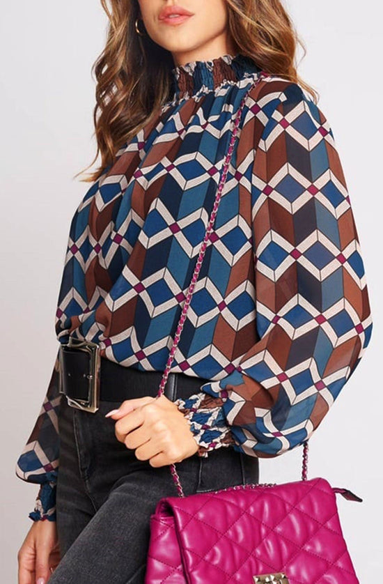 Aruna Aztec Print High Neck Blouse Top