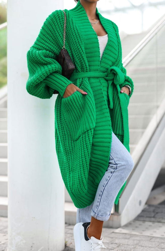 Arya Longline Belted Knitted Cardigan-Green