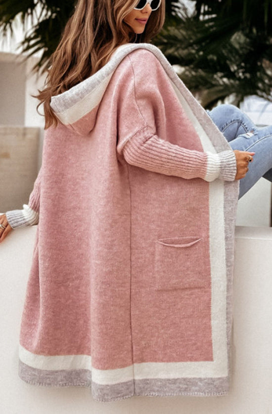 Bahira Longline Colour Block Knitted Cardigan-Dusty Pink