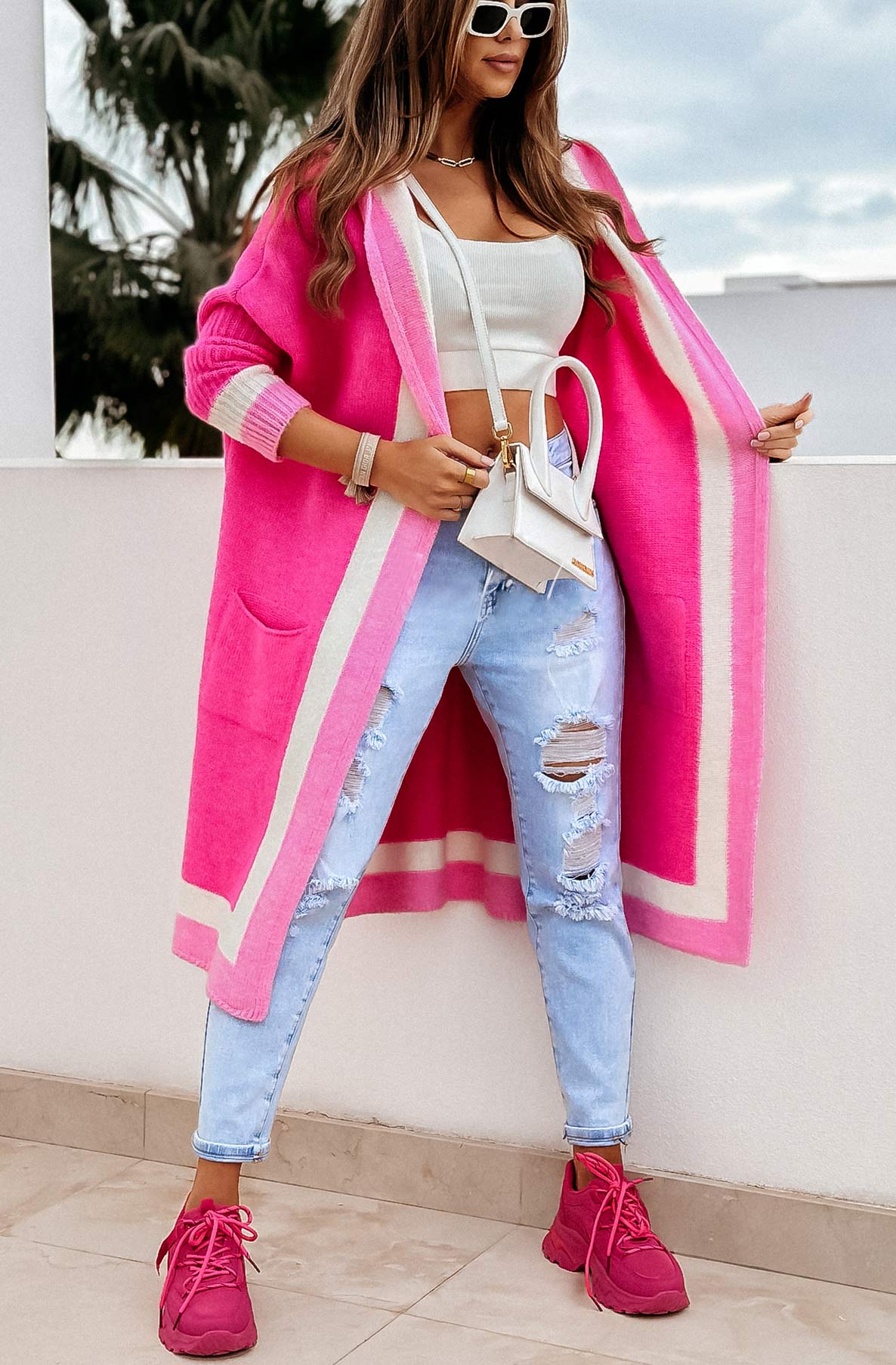 Bahira Longline Colour Block Knitted Cardigan-Hot Pink